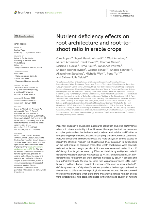 A recent scientific article on 'Nutrient deficiency effects on root architecture and root-to- shoot ratio in arable crops' by the Watt Group and others.